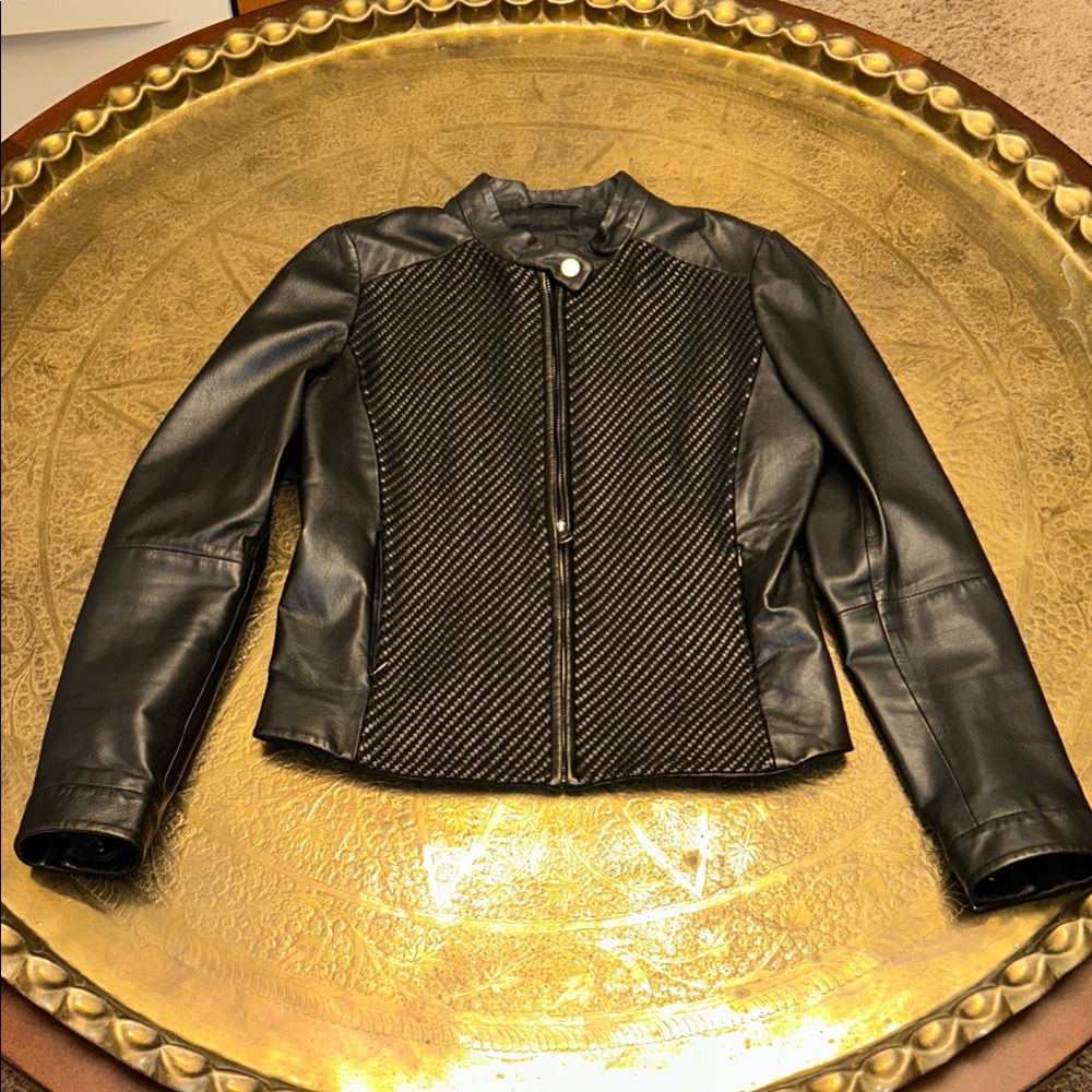 Weekend Max Mara Black and Silver Lamb Leather Jacket Size 8